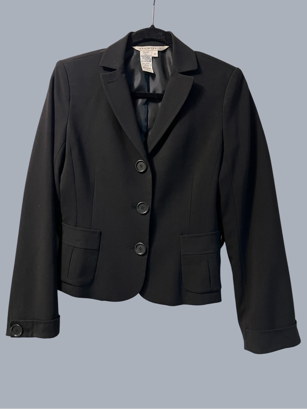 Max Studio Black 3-Button Tailored Blazer Cuffed Sleeve Size 4